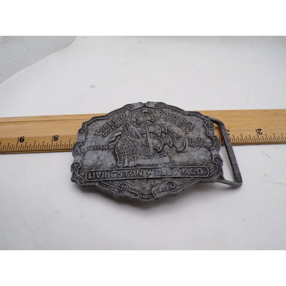 Livingston Wells & Co Belt Buckle Sailing Ship Foreign Domestic Gold Dealers